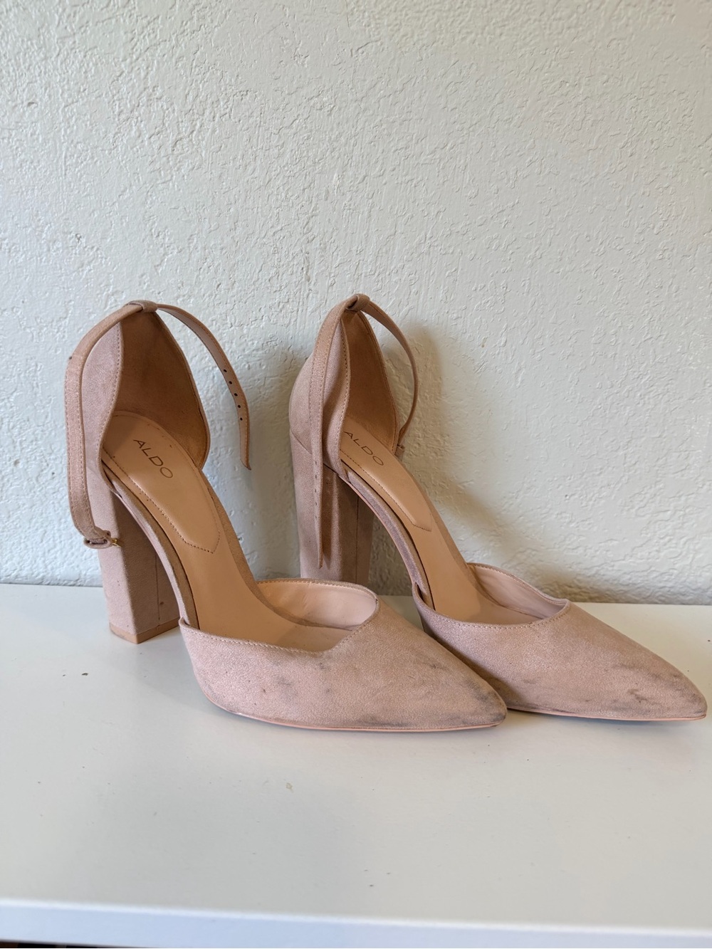 Aldo Blush Pink Suede Pointed-Toe Block Heel Pumps